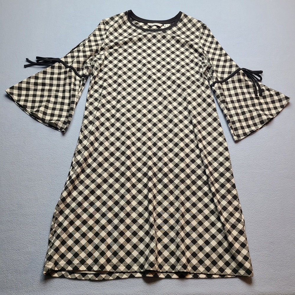 Isaac Mizrahi Shift Dress Womens Small Black White Excellent Gingham Bell Sleeve